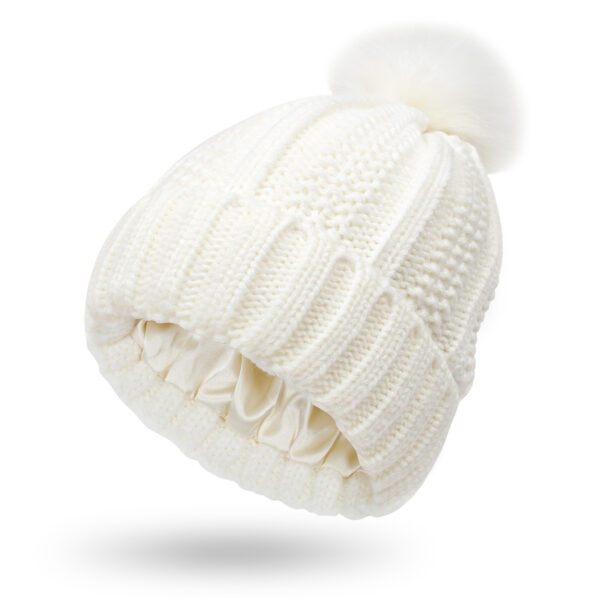 Luxurious Satin-Lined Knit Beanie: Warm Winter Hat with Faux Fur Pompom for Women - Image 7