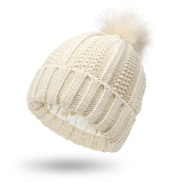 Luxurious Satin-Lined Knit Beanie: Warm Winter Hat with Faux Fur Pompom for Women - Image 6