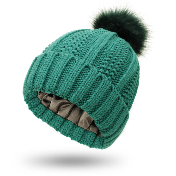 Luxurious Satin-Lined Knit Beanie: Warm Winter Hat with Faux Fur Pompom for Women - Image 4