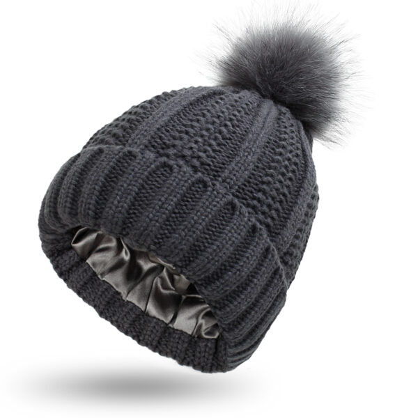 Luxurious Satin-Lined Knit Beanie: Warm Winter Hat with Faux Fur Pompom for Women - Image 2