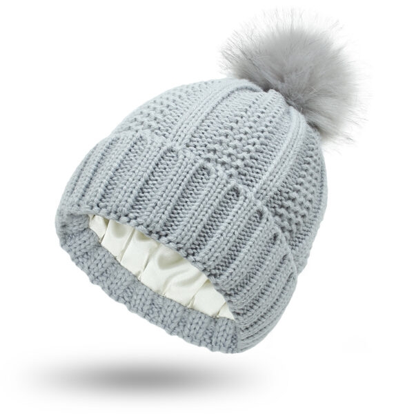 Luxurious Satin-Lined Knit Beanie: Warm Winter Hat with Faux Fur Pompom for Women - Image 8