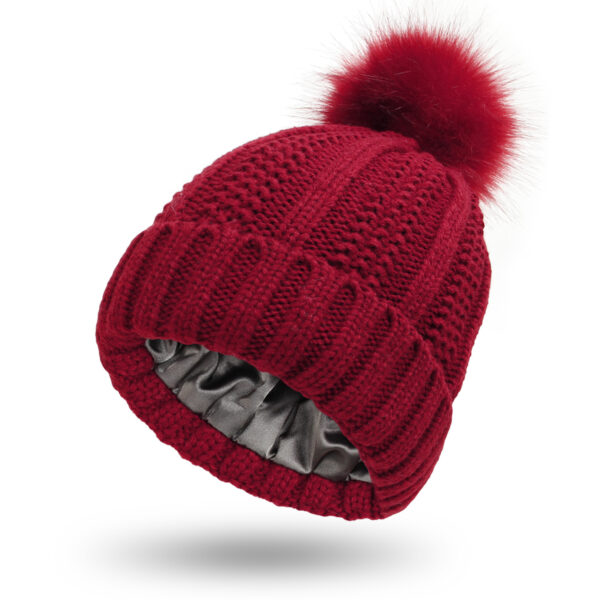 Luxurious Satin-Lined Knit Beanie: Warm Winter Hat with Faux Fur Pompom for Women - Image 3