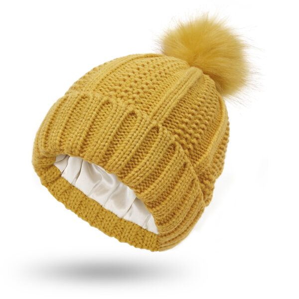 Luxurious Satin-Lined Knit Beanie: Warm Winter Hat with Faux Fur Pompom for Women - Image 9