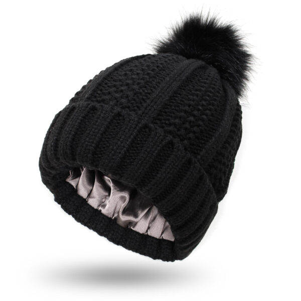 Luxurious Satin-Lined Knit Beanie: Warm Winter Hat with Faux Fur Pompom for Women - Image 5